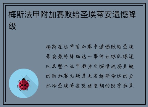 梅斯法甲附加赛败给圣埃蒂安遗憾降级